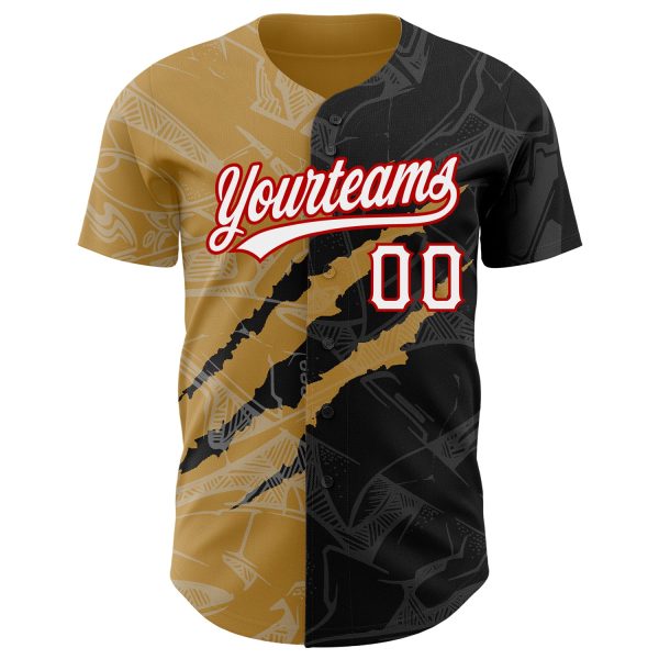 Custom Graffiti Pattern Black Old Gold-Red 3D Scratch Authentic Baseball Jersey - Image 2