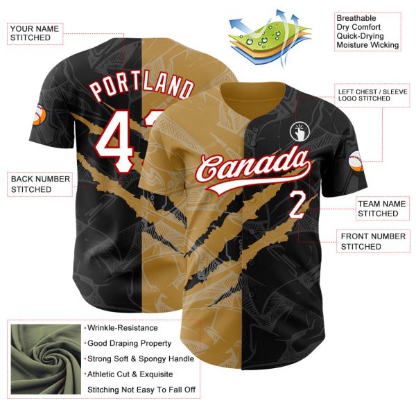 Custom Graffiti Pattern Black Old Gold-Red 3D Scratch Authentic Baseball Jersey - Image 3