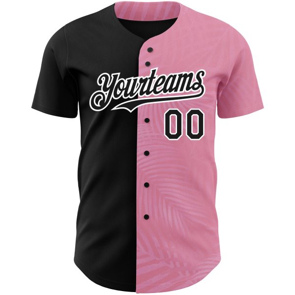 Custom Medium Pink Black-White 3D Pattern Design Tropical Hawaii Palm Leaves Authentic Baseball Jersey - Image 2