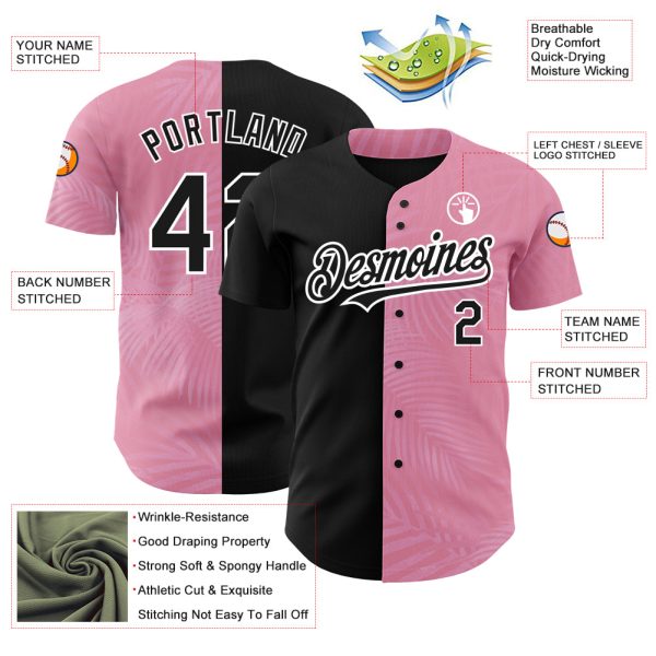 Custom Medium Pink Black-White 3D Pattern Design Tropical Hawaii Palm Leaves Authentic Baseball Jersey - Image 3