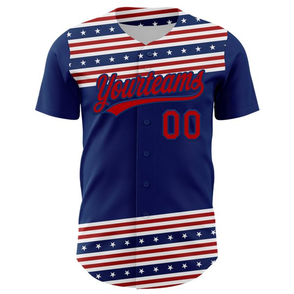 Custom US Navy Blue Red 3D American Flag And Star Authentic Baseball Jersey - Image 2