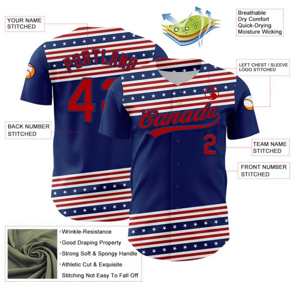 Custom US Navy Blue Red 3D American Flag And Star Authentic Baseball Jersey - Image 3