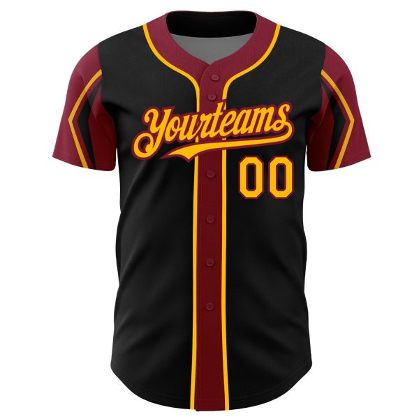 Custom Black Gold-Crimson 3 Colors Arm Shapes Authentic Baseball Jersey - Image 3