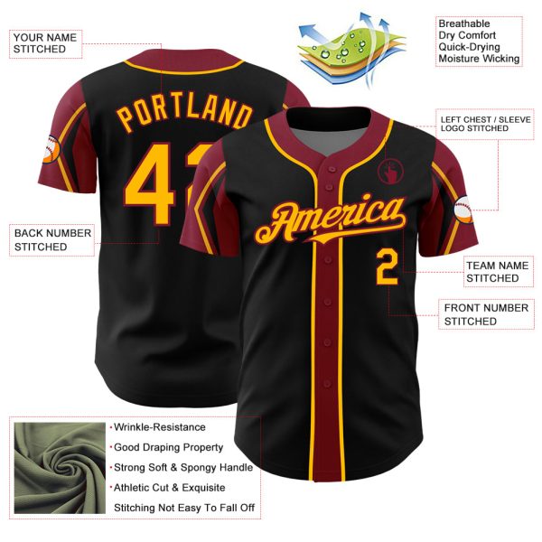 Custom Black Gold-Crimson 3 Colors Arm Shapes Authentic Baseball Jersey - Image 4