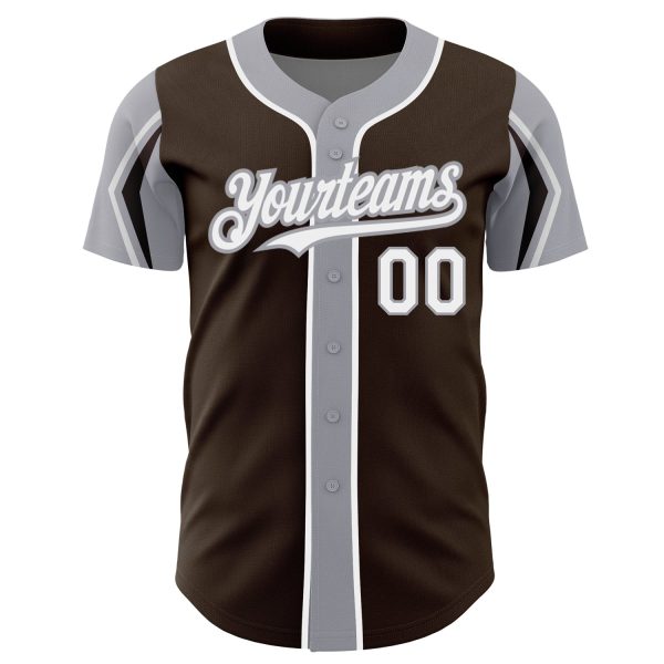 Custom Brown White-Gray 3 Colors Arm Shapes Authentic Baseball Jersey - Image 3
