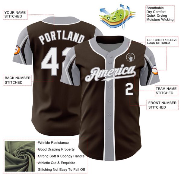 Custom Brown White-Gray 3 Colors Arm Shapes Authentic Baseball Jersey - Image 4