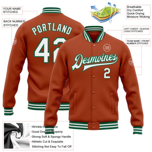 Custom Texas Orange White-Kelly Green Bomber Full-Snap Varsity Letterman Jacket - Image 3