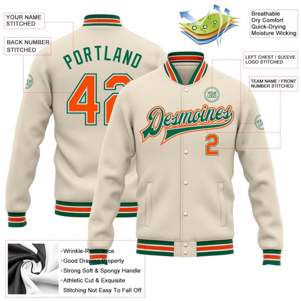 Custom Cream Orange-Kelly Green Bomber Full-Snap Varsity Letterman Jacket - Image 3