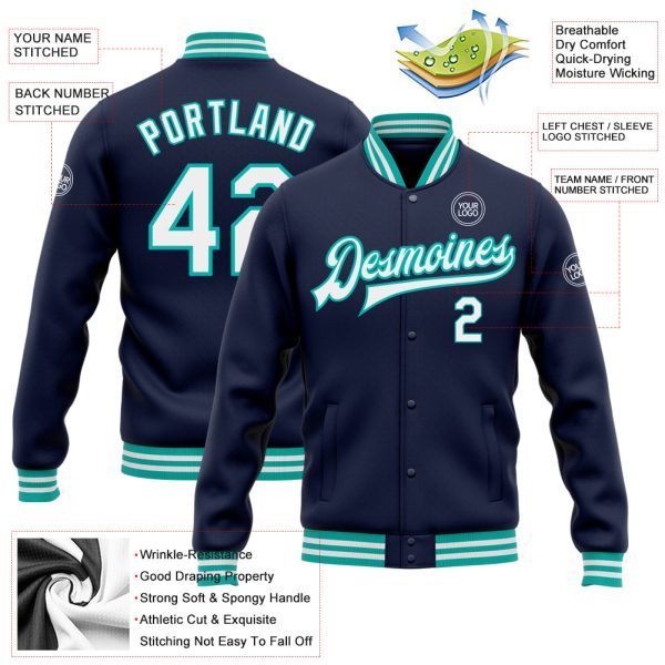 Custom Navy White-Aqua Bomber Full-Snap Varsity Letterman Jacket - Image 3