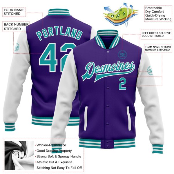 Custom Purple Teal-White Bomber Full-Snap Varsity Letterman Two Tone Jacket - Image 3