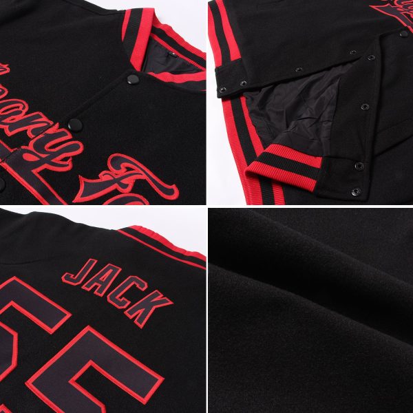 Custom Black Red Bomber Full-Snap Varsity Letterman Two Tone Hoodie Jacket - Image 2