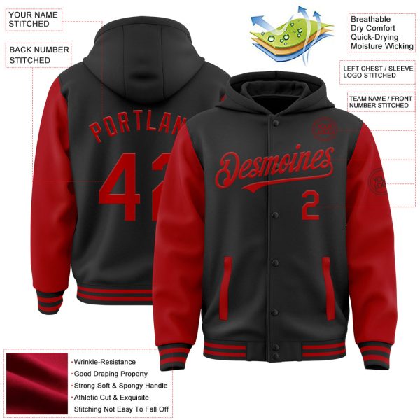 Custom Black Red Bomber Full-Snap Varsity Letterman Two Tone Hoodie Jacket - Image 3