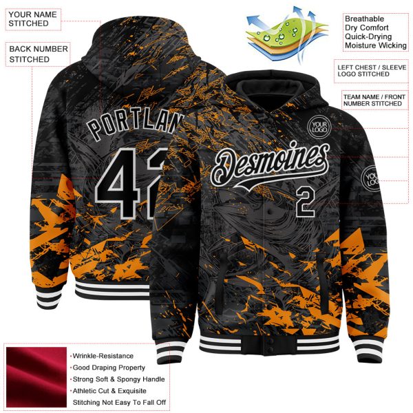 Custom Black Orange-White Tuna Fish Fishing 3D Bomber Full-Snap Varsity Letterman Hoodie Jacket - Image 3