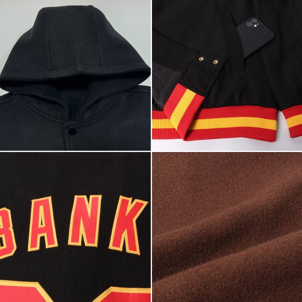 Custom Brown White-Orange Bomber Full-Snap Varsity Letterman Two Tone Hoodie Jacket - Image 2
