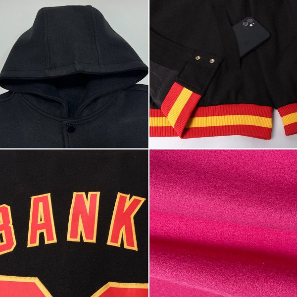 Custom Pink Black-Sky Blue Bomber Full-Snap Varsity Letterman Two Tone Hoodie Jacket - Image 2