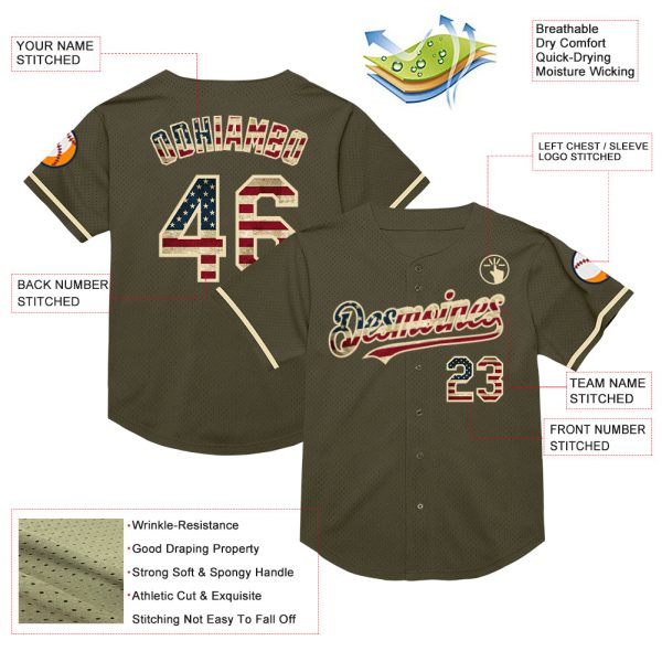 Custom Olive Vintage USA Flag-Cream Mesh Authentic Throwback Salute To Service Baseball Jersey - Image 3