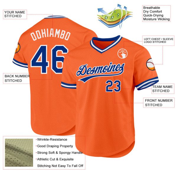 Custom Orange Royal-White Authentic Throwback Baseball Jersey - Image 3