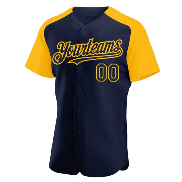 Custom Navy Gold Authentic Raglan Sleeves Baseball Jersey - Image 2