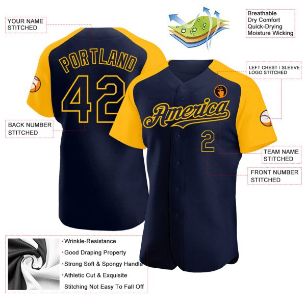 Custom Navy Gold Authentic Raglan Sleeves Baseball Jersey - Image 3