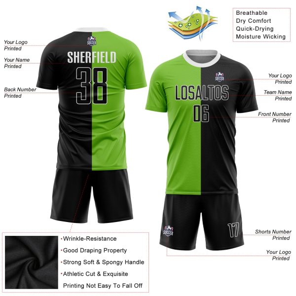 Custom Neon Green Black-White Sublimation Split Fashion Soccer Uniform Jersey - Image 3