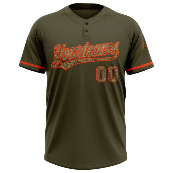 Custom Olive Camo-Orange Salute To Service Two-Button Unisex Softball Jersey - Image 2
