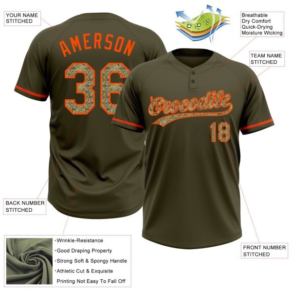 Custom Olive Camo-Orange Salute To Service Two-Button Unisex Softball Jersey - Image 3