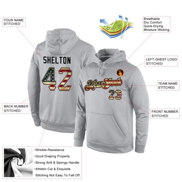 Custom Stitched Gray Vintage USA Flag-Old Gold Sports Pullover Sweatshirt Hoodie - Image 4